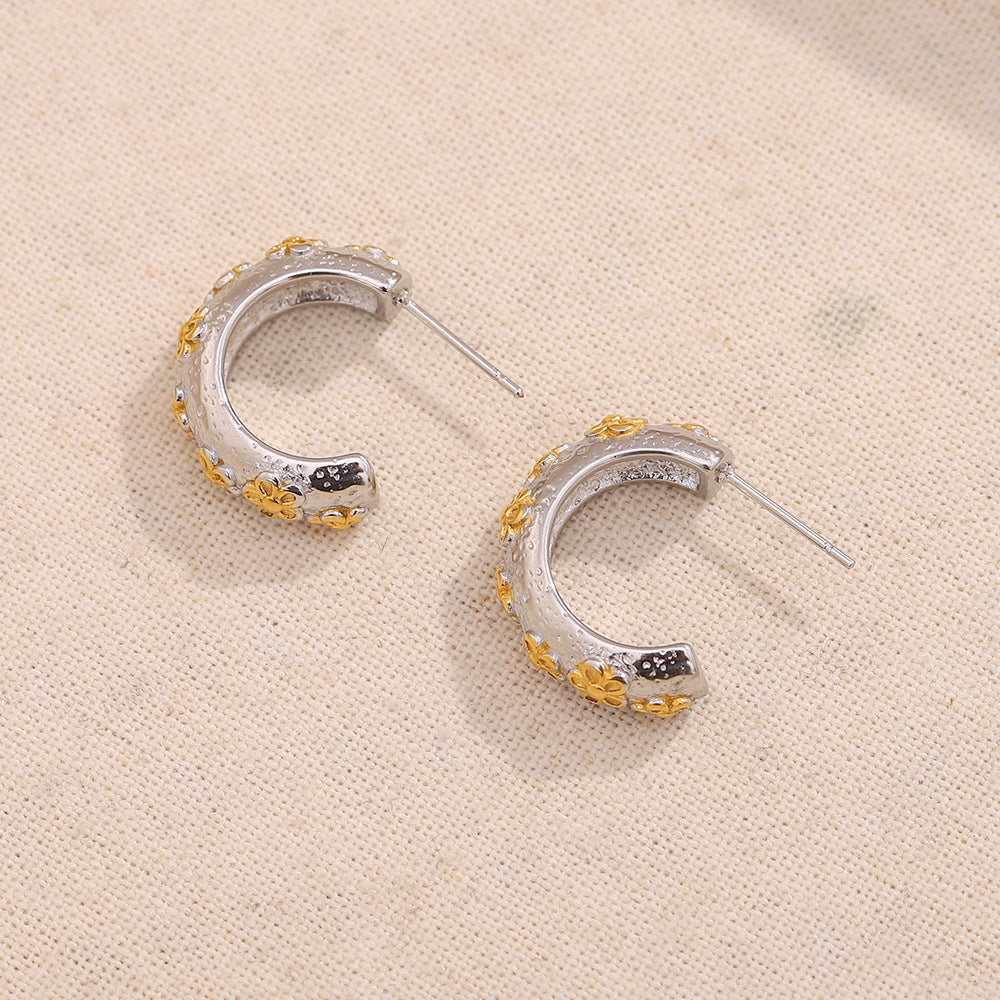 open back and post view of two-tone floral C-hoops