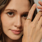 minimal round clear stone ring worn on a model's index finger