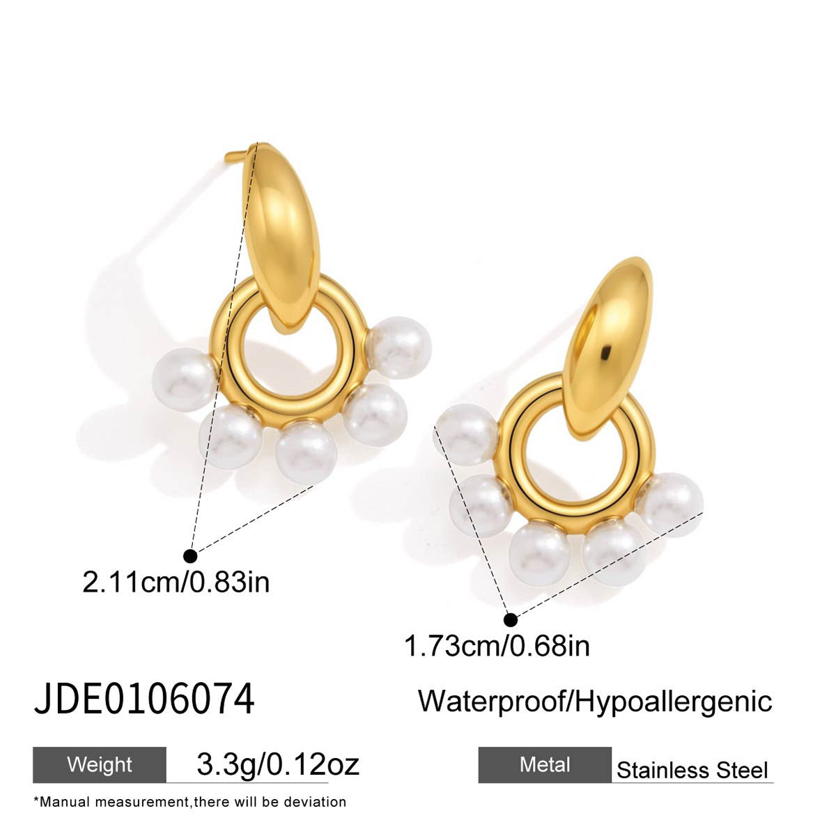 Resin pearl drop earrings with measurement diagram
