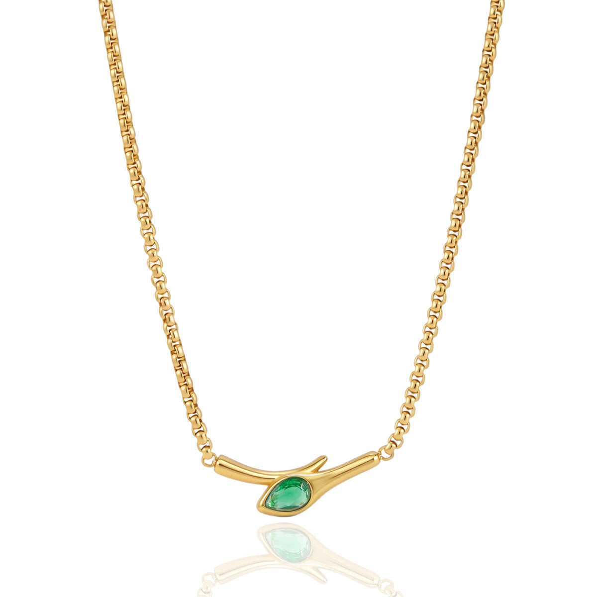 Front view of curved gold tone bar and green stone