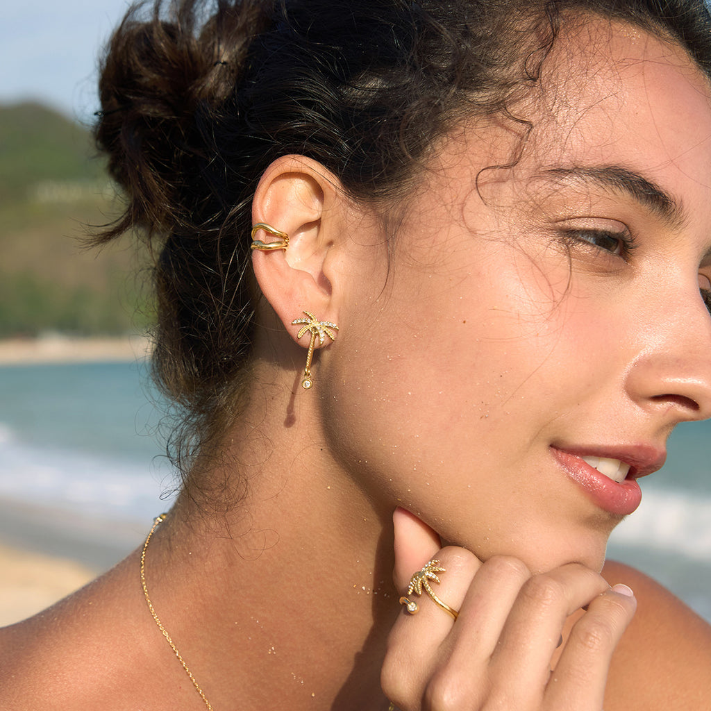 Palm tree drop earrings and ring worn together