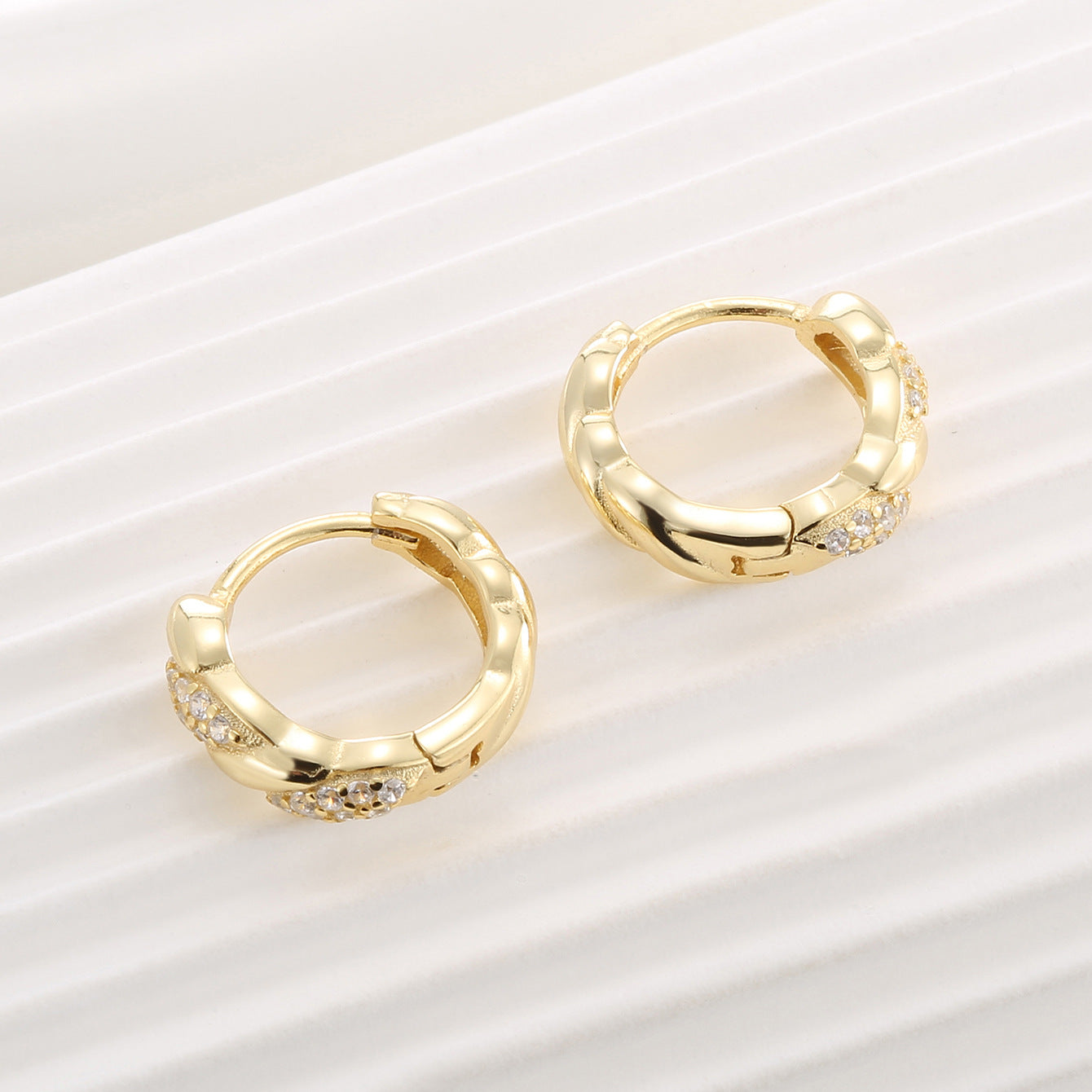 gold plated 925 sterling silver twisted pavé huggie hoop earrings — product image 4 of 9