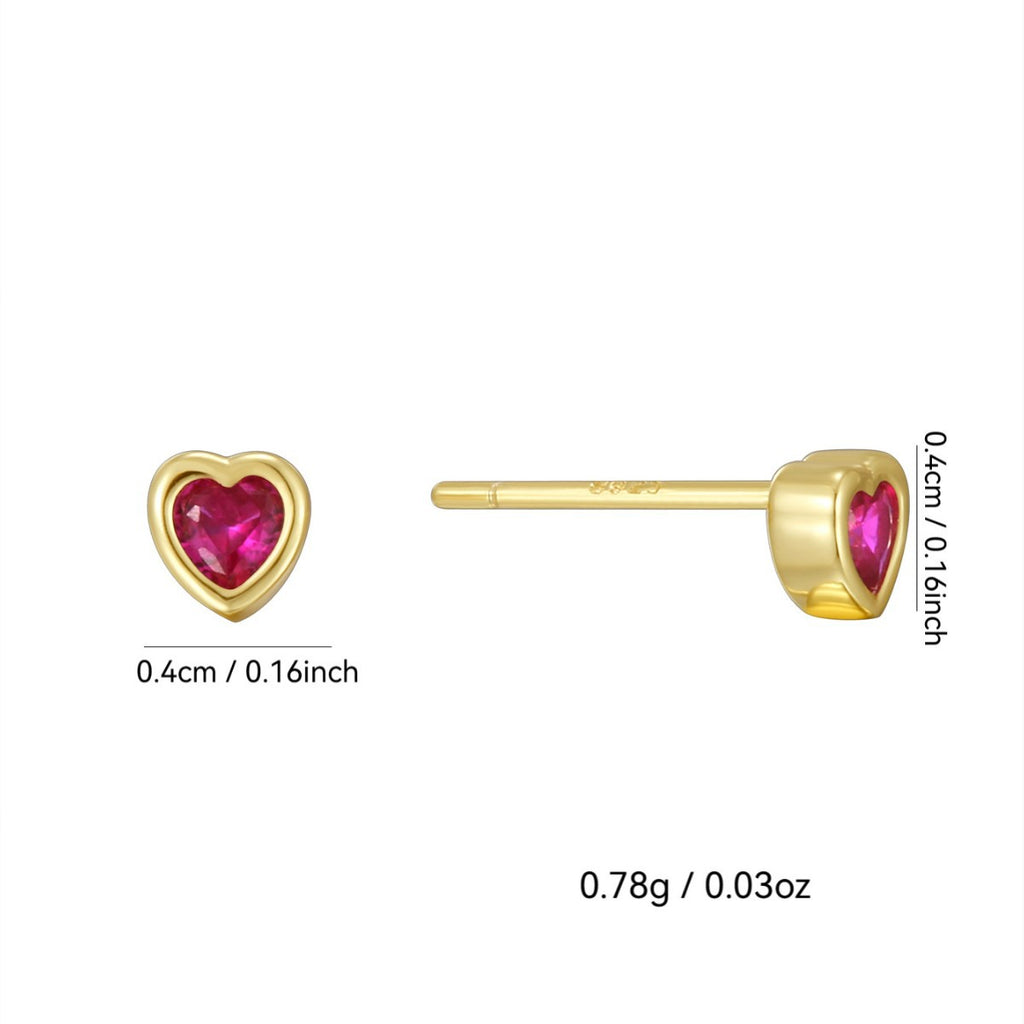 Gold Plated 925 Sterling Silver Red Heart Zirconia Stud Earrings — 4 by 4 mm heart size diagram