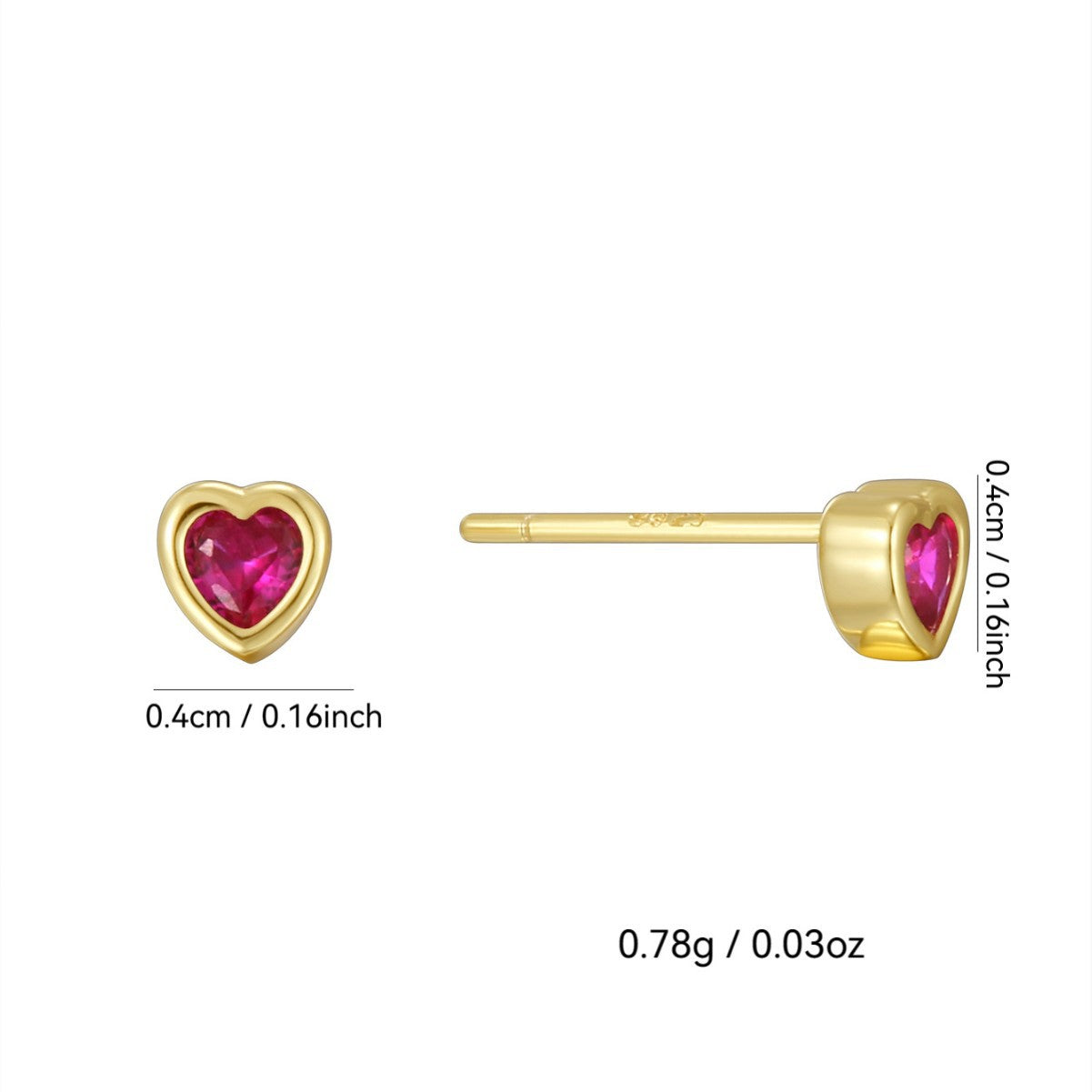 Gold Plated 925 Sterling Silver Red Heart Zirconia Stud Earrings — 4 by 4 mm heart size diagram