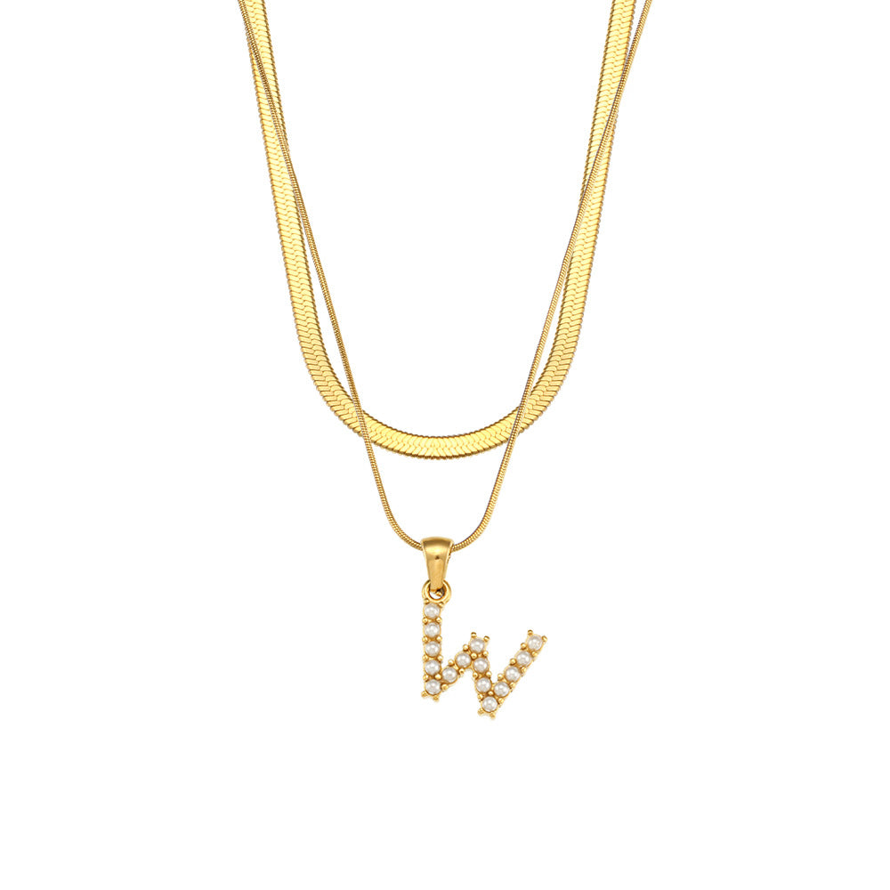 Imitation pearl letter W pendant on layered stainless steel chains