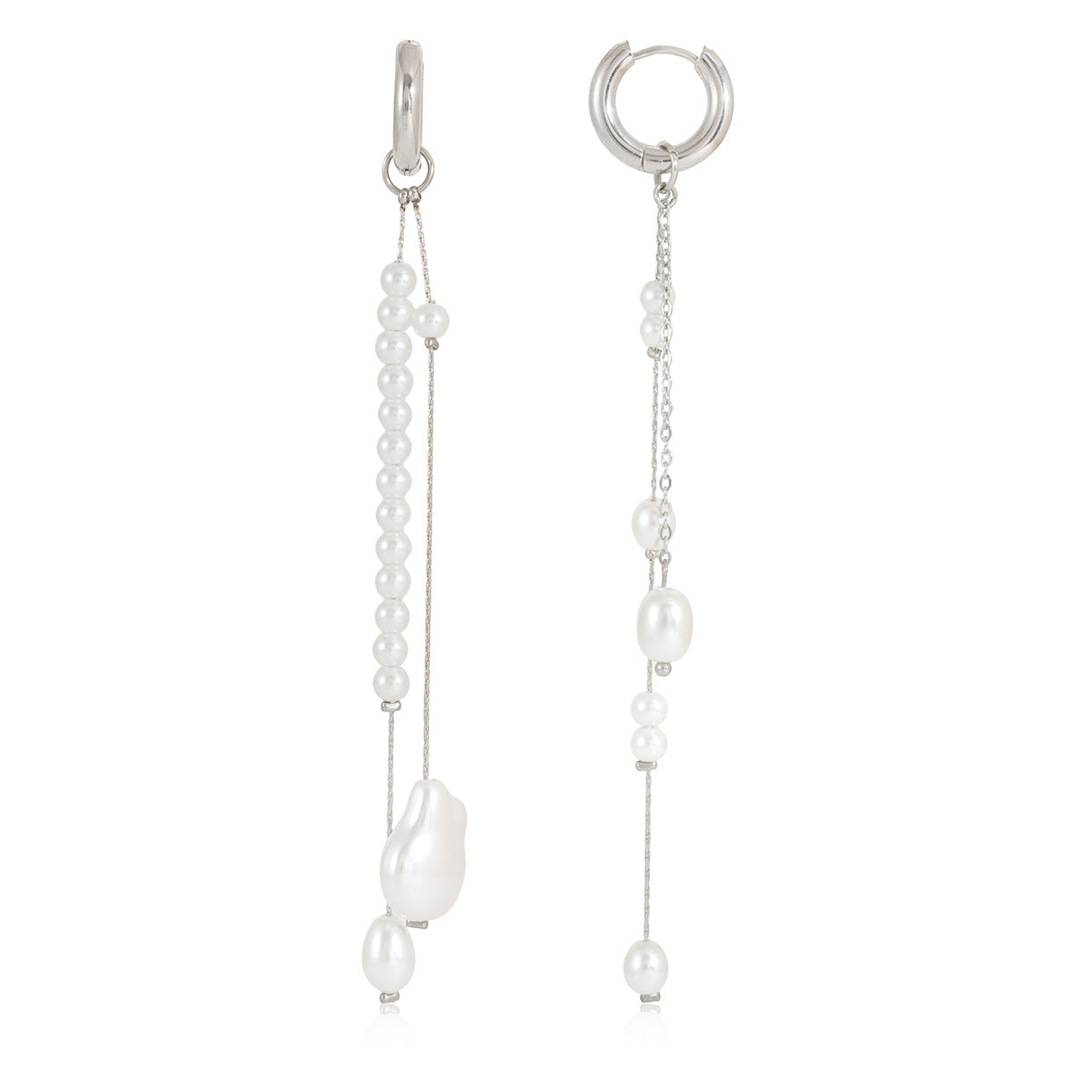 isolated silver-finish huggie earrings with white bead tassels