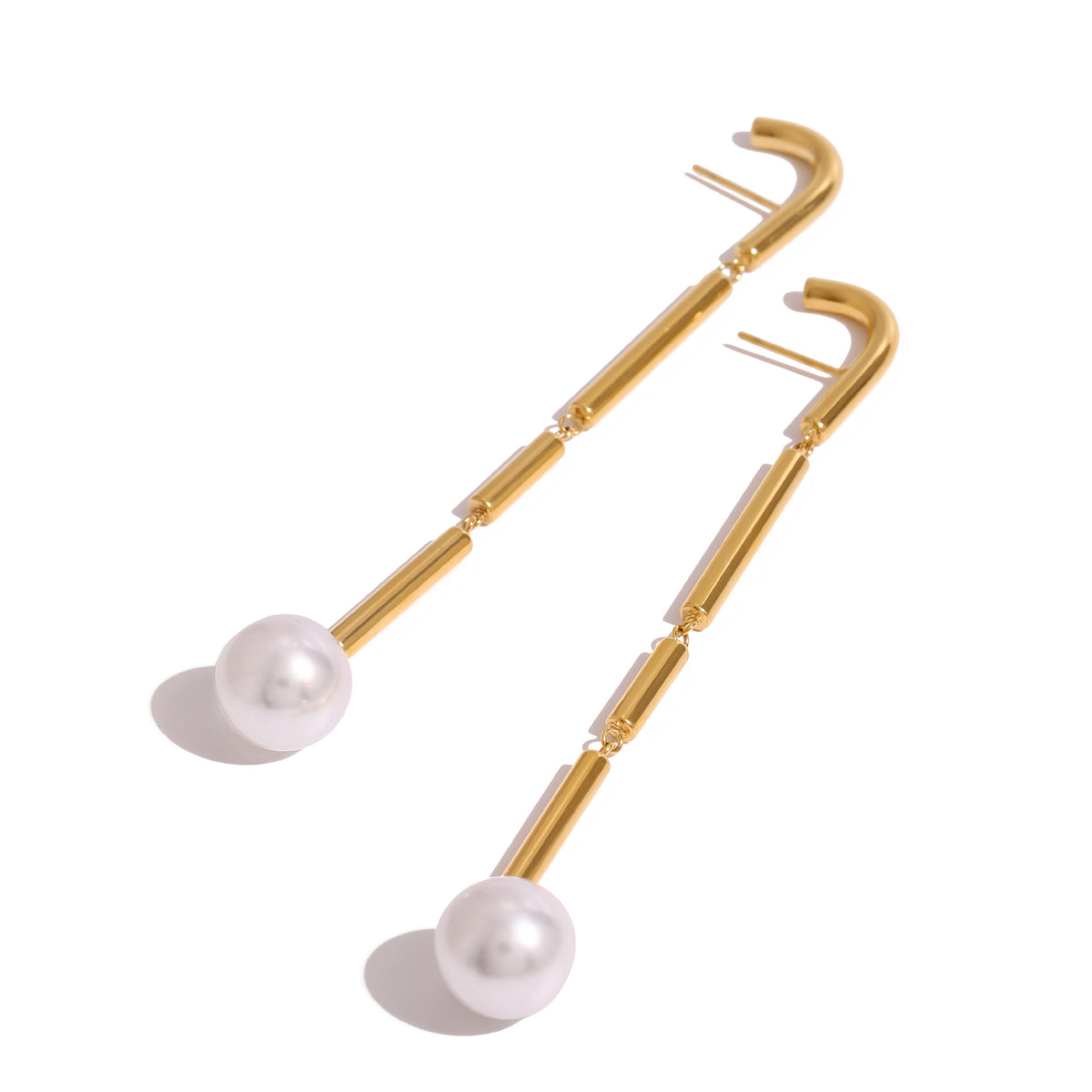 Gold-Tone Pearl-Look Linear Stainless Steel Drop Earrings finish and shape detail