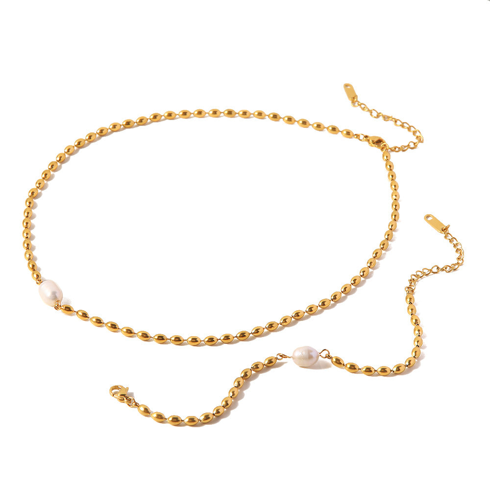 Gold Plated Stainless Steel Freshwater Pearl Oval Bead Jewelry Set — necklace front view