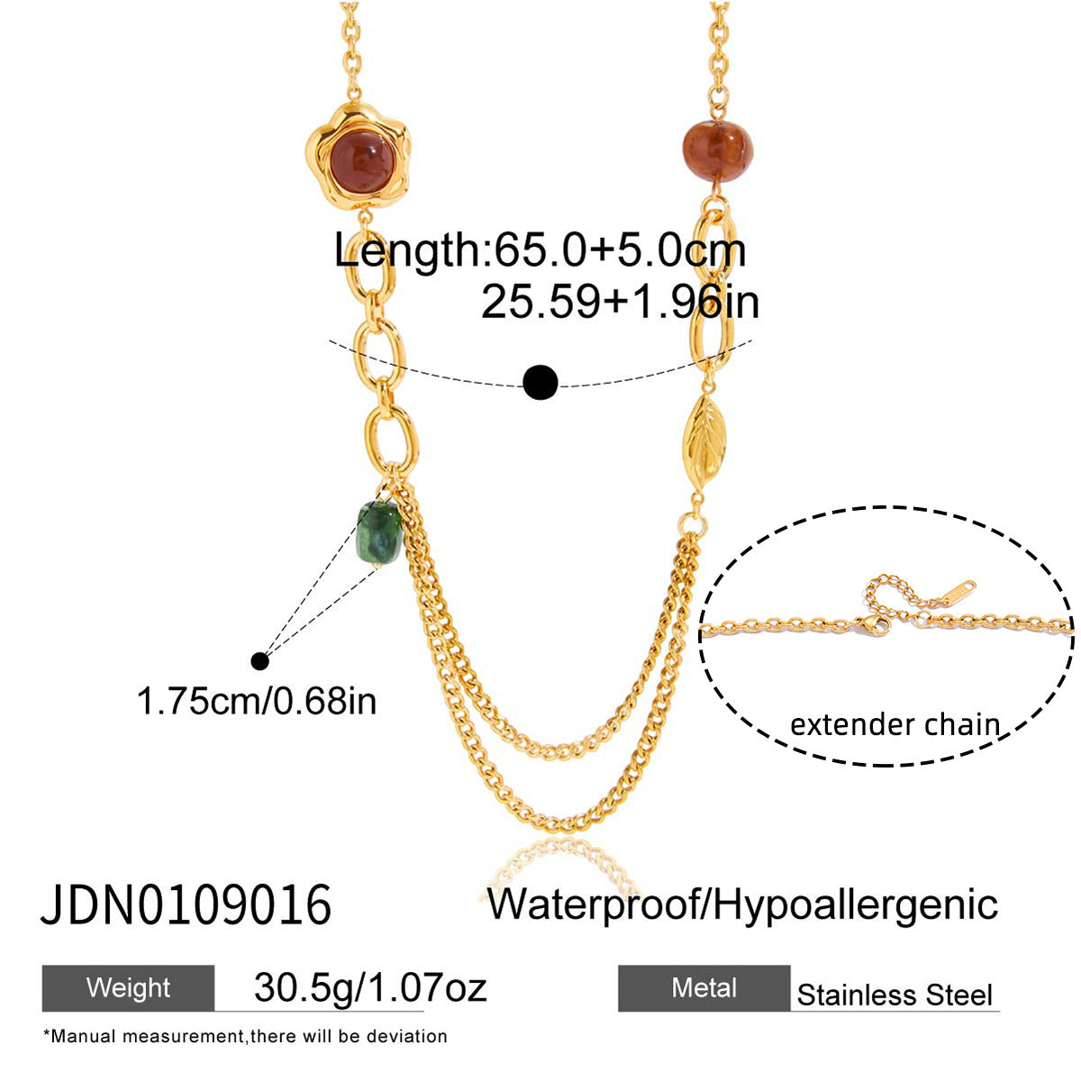 Gold-Tone Resin Bead Stainless Steel Necklace Collection size and proportion reference