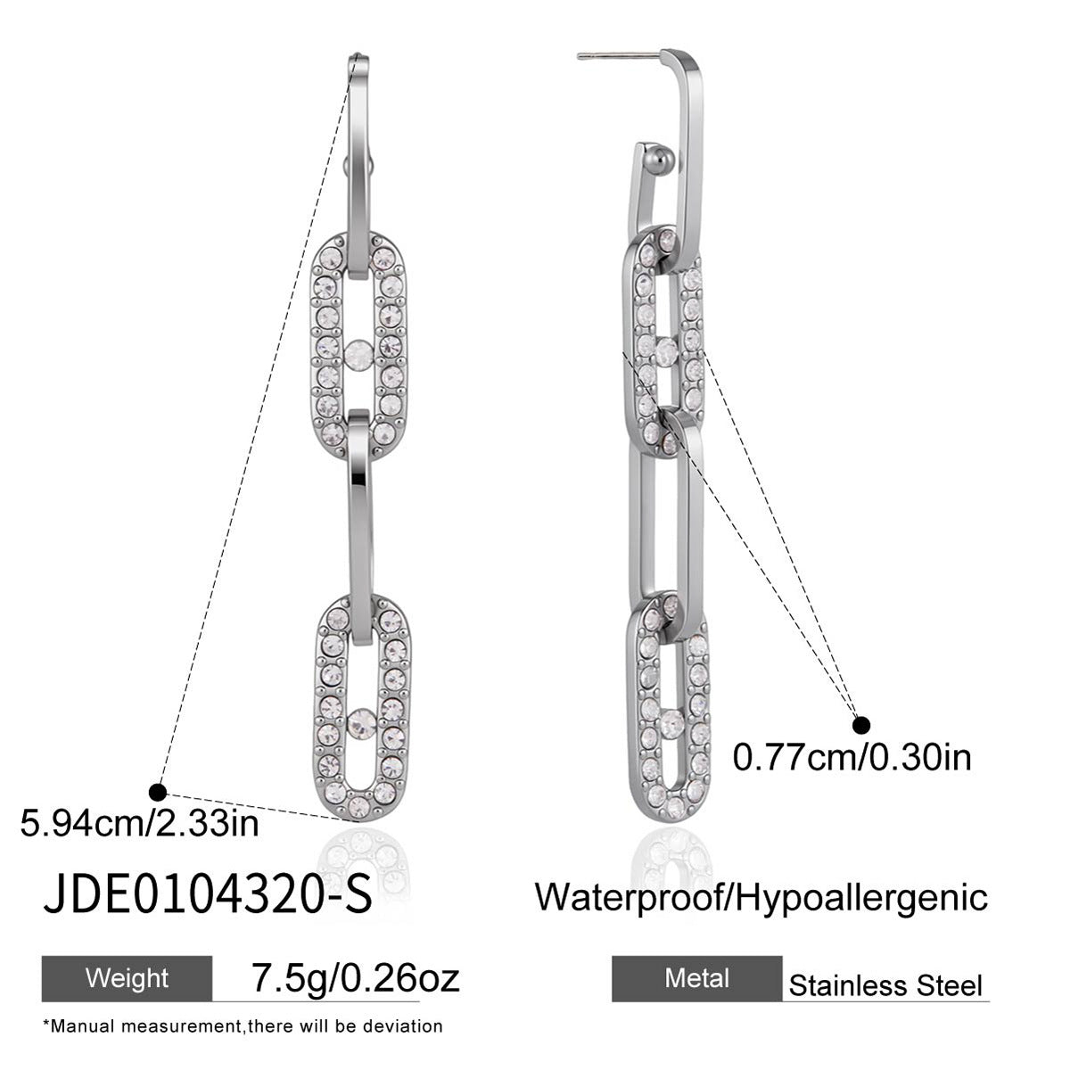 Paperclip link earring dimensions and material reference