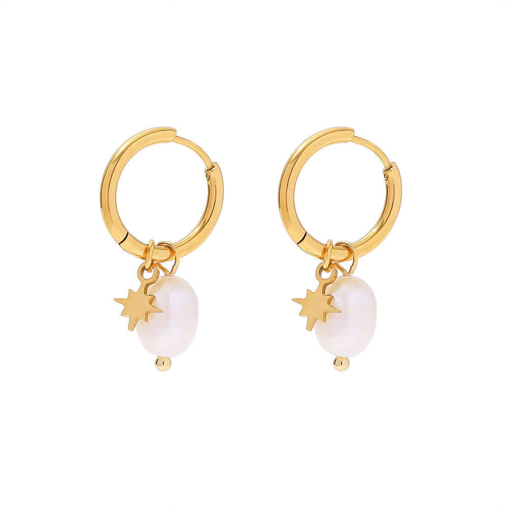 Gold plated hoops with freshwater pearl drops and star charms
