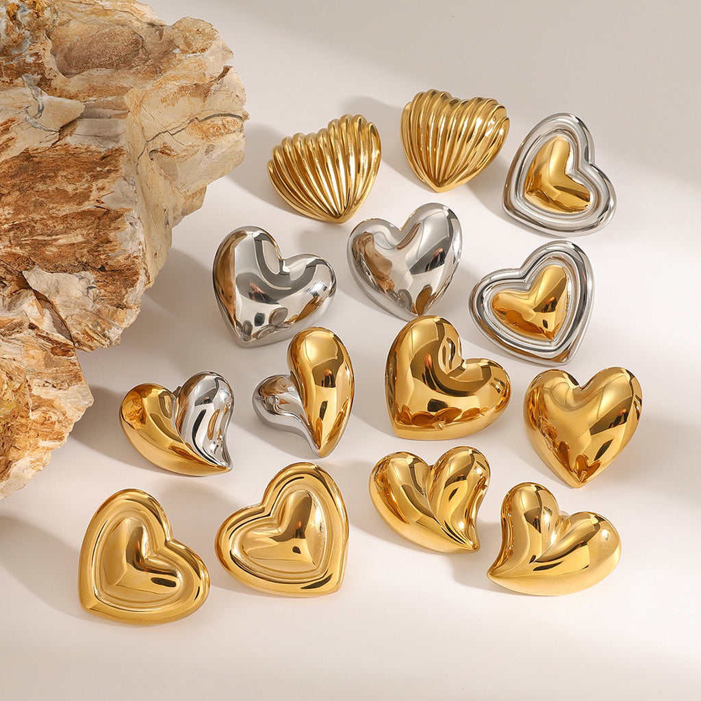 Wholesale Stainless Steel Heart Stud Earring Collection in Mixed Finishes - side profile