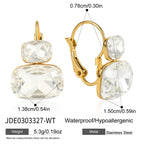 Clear cushion stone earrings front and leverback views