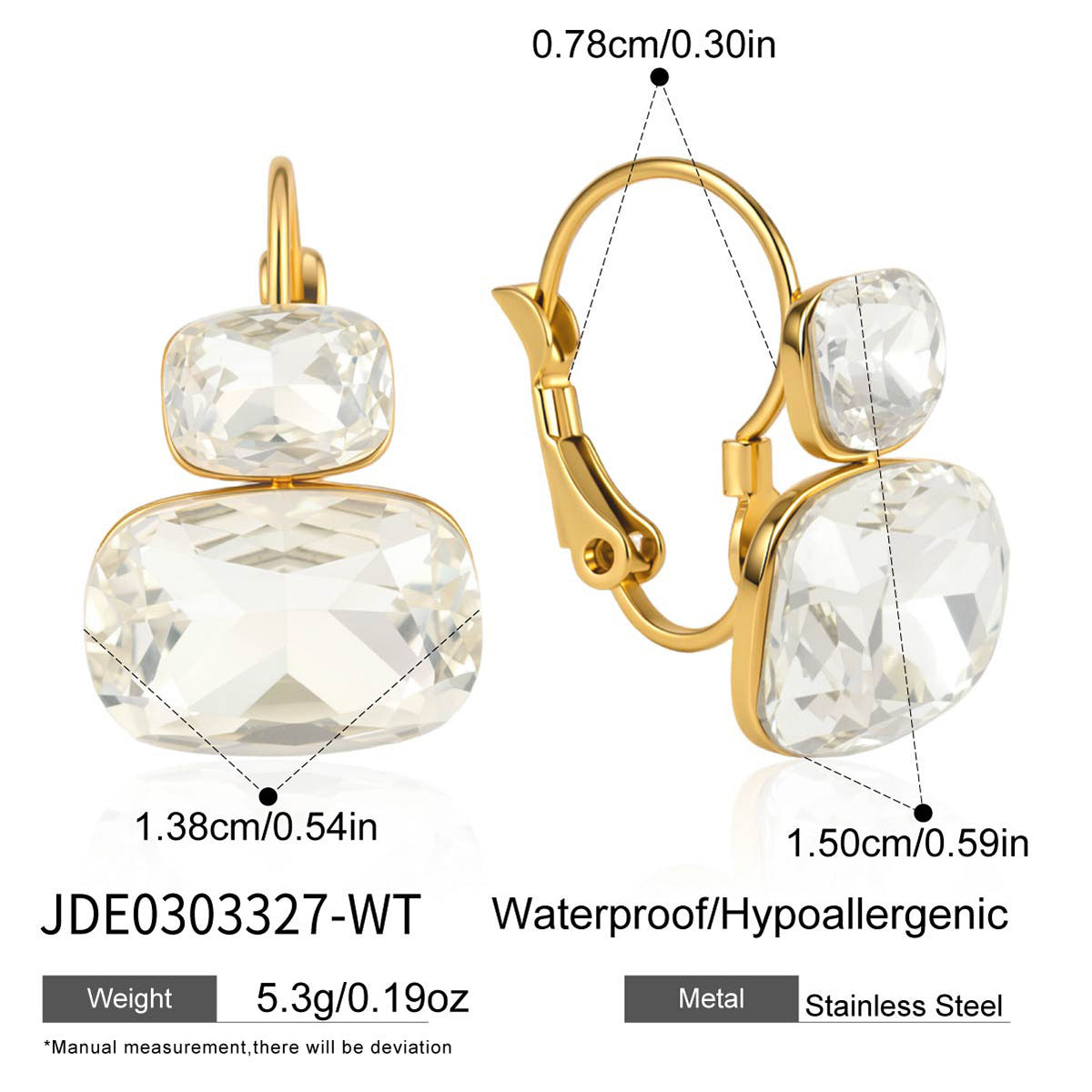 Clear cushion stone earrings front and leverback views