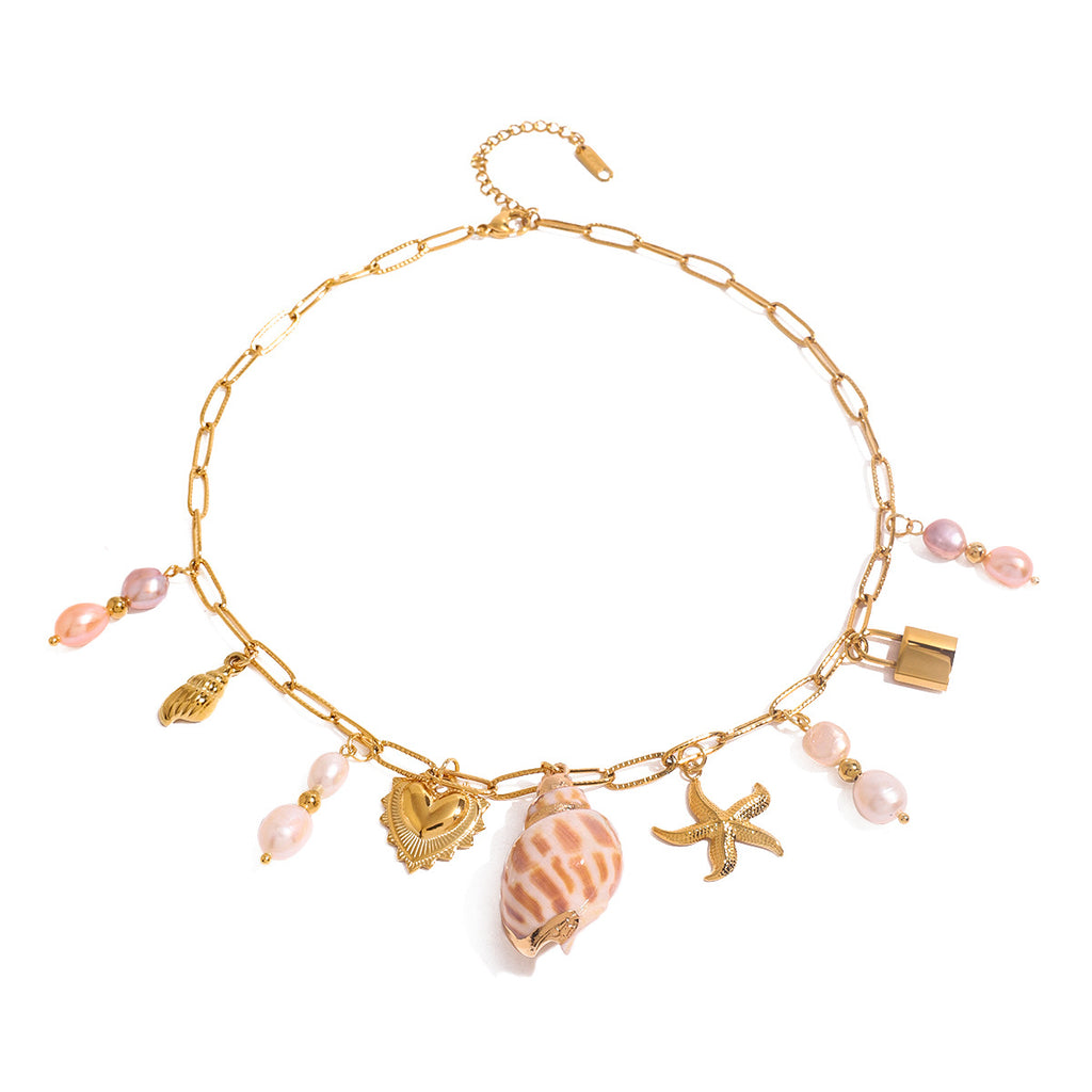 Pink bead and shell charm paperclip necklace
