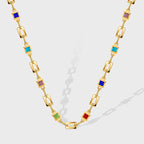 gold plated rectangular-link necklace with multicolor square stones