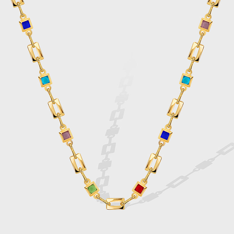 gold plated rectangular-link necklace with multicolor square stones