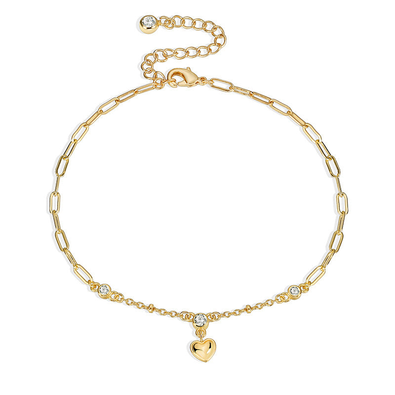 isolated heart charm anklet with elongated links and extender