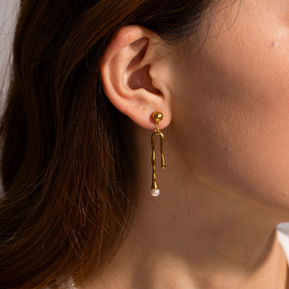 Wholesale Gold Plated Stainless Steel Black Bead Drop Earrings - side profile