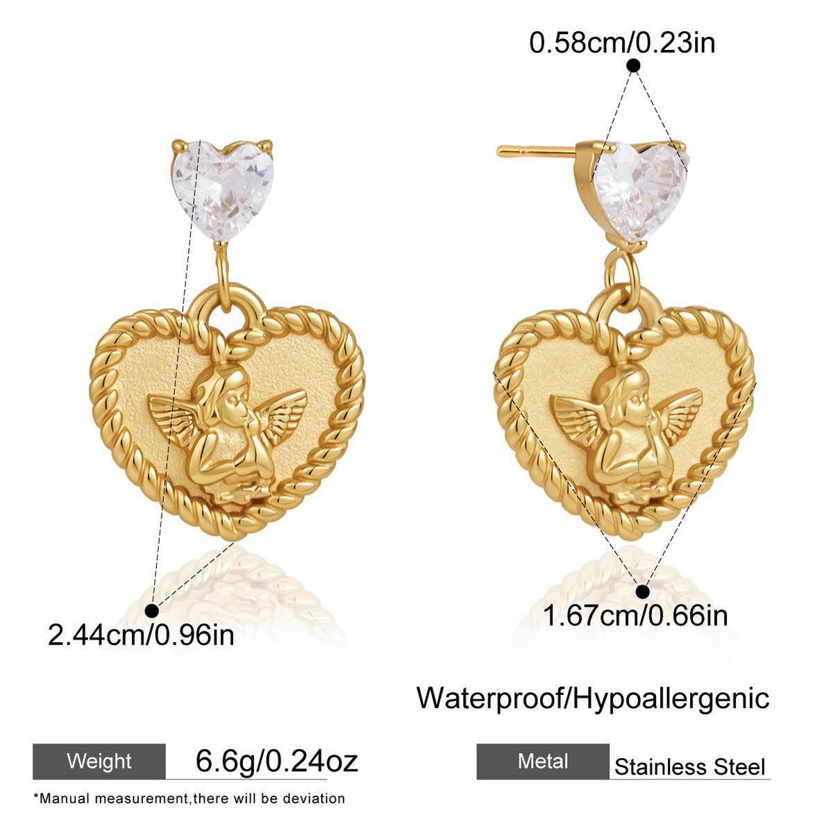 Stainless steel angel heart earrings with 2.44 by 1.67 cm dimensions