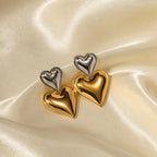 Two-Tone Double-Heart Stainless Steel Stud-Drop Earrings close-up product view