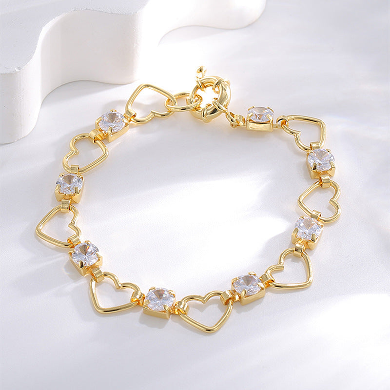 open-heart and square zirconia bracelet in an angled product view
