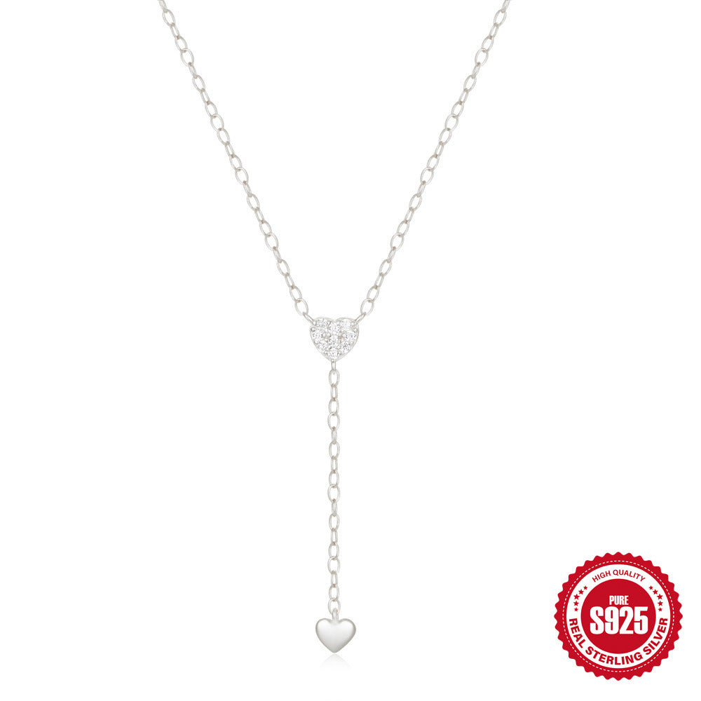 front view of silver-finish 925 silver heart Y necklace