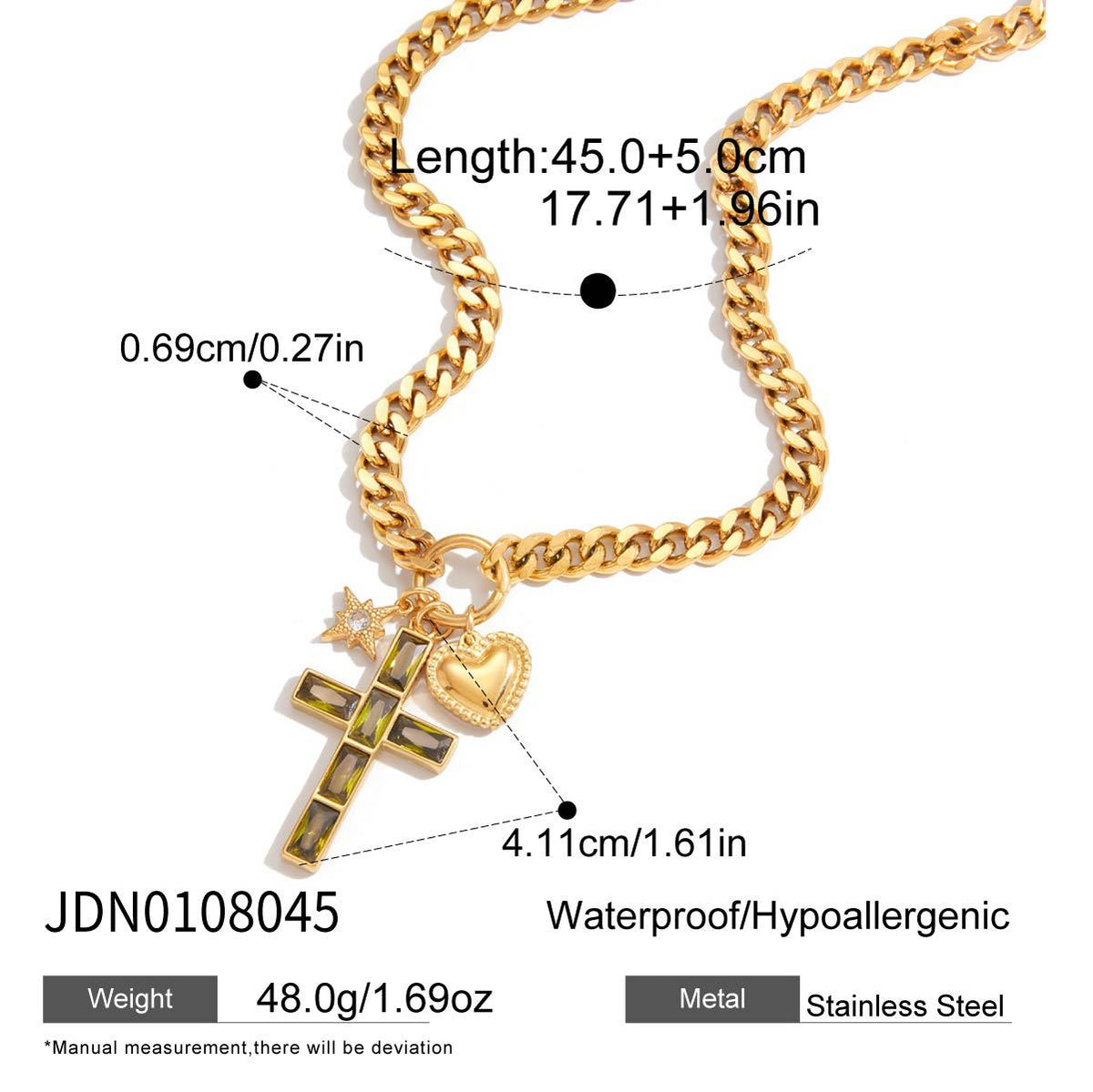 Wholesale Gold-Tone Stainless Steel Clear Stone Cross Pendant Necklace - finish detail