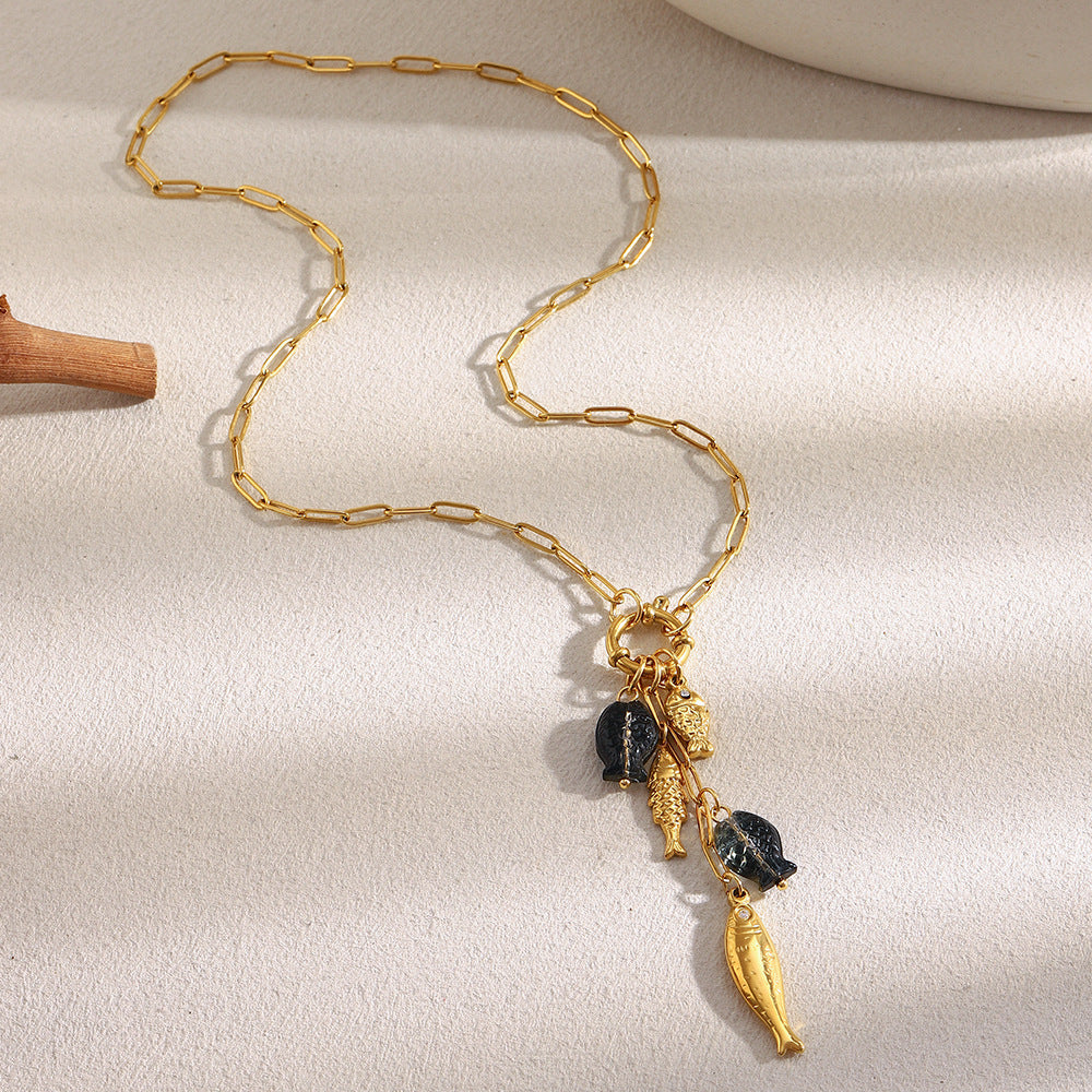 Gold Plated Stainless Steel Fish Pendant Paperclip Necklace — full necklace view