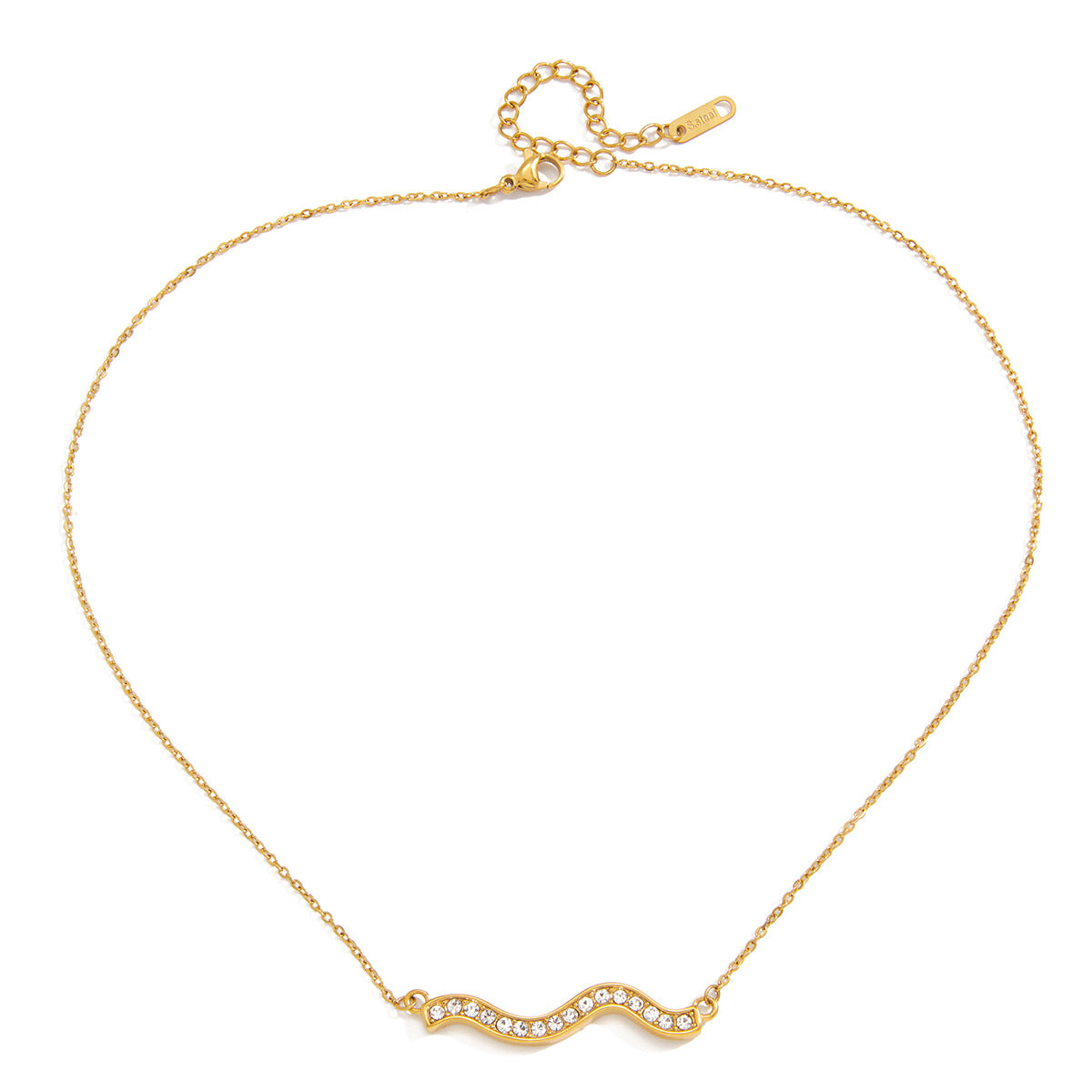 isolated gold plated necklace with clear-stone wave center