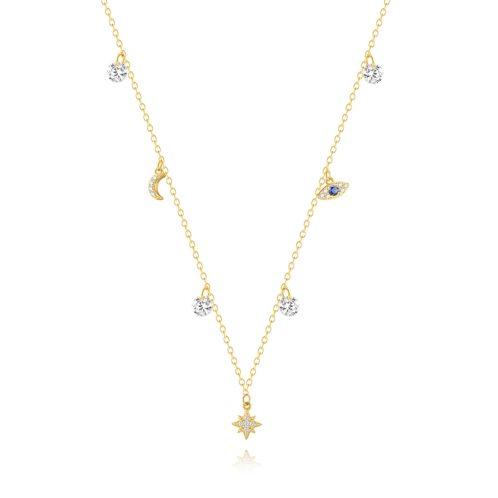 isolated gold plated celestial necklace with multicolor zirconia
