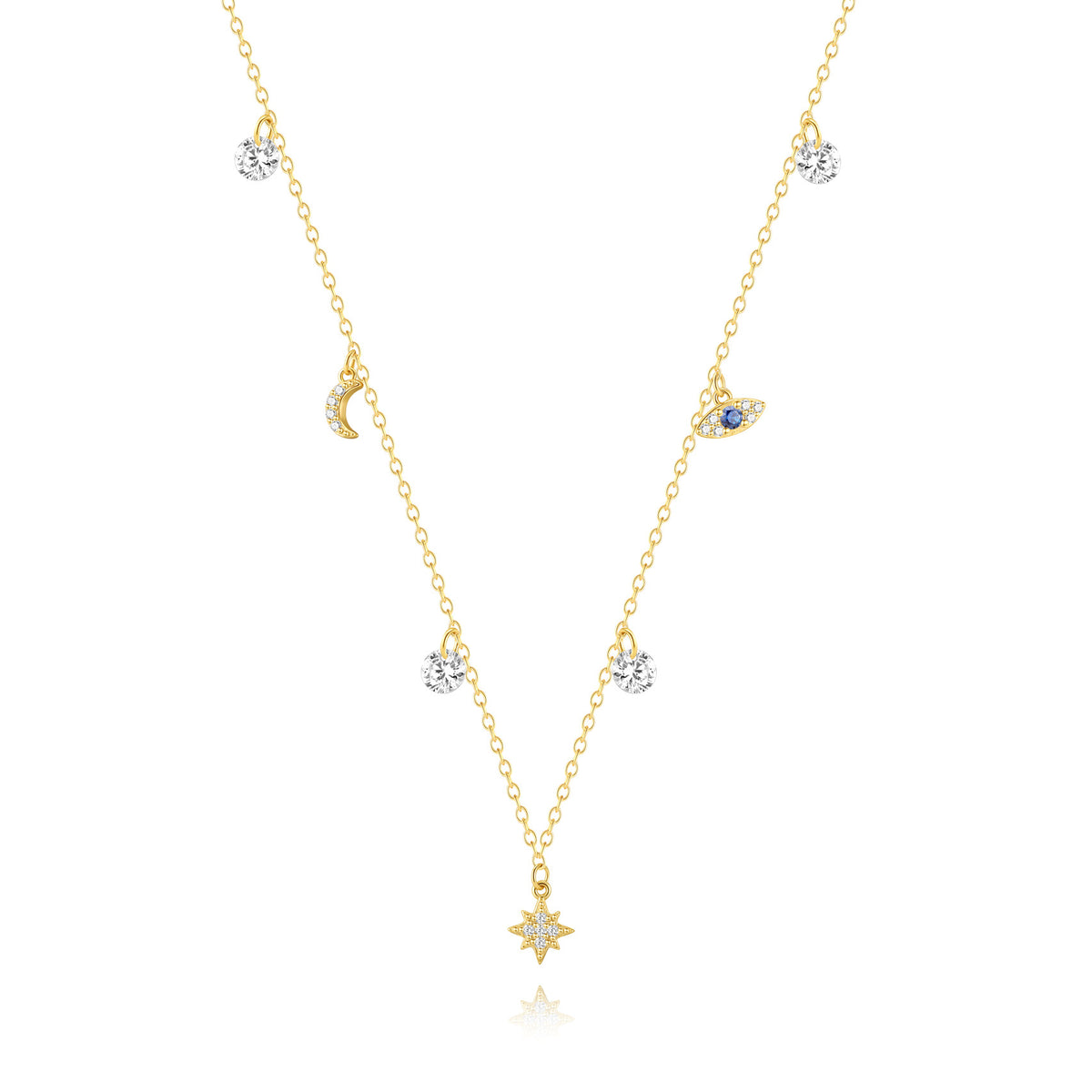 isolated gold plated celestial necklace with multicolor zirconia