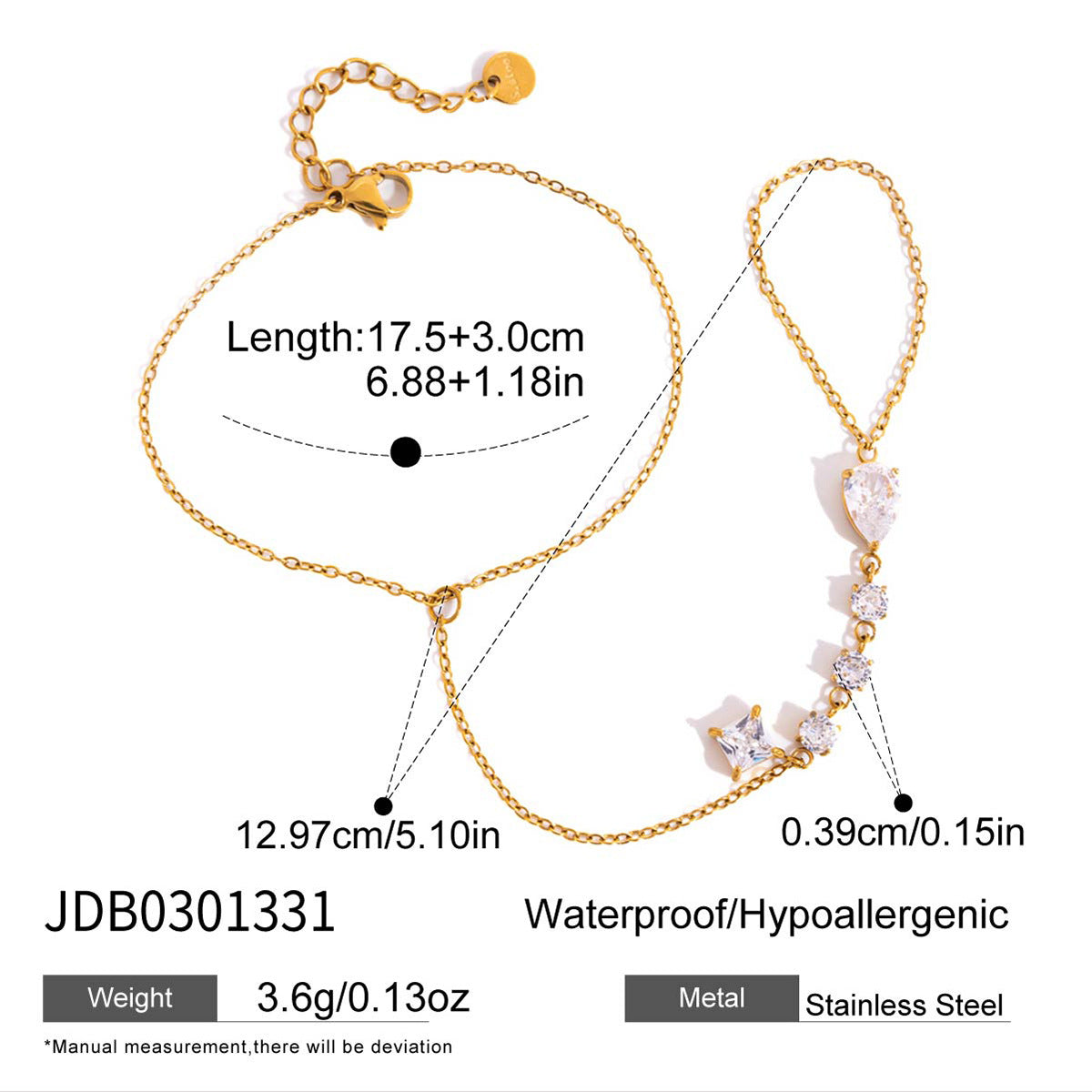 Hand chain with 17.5 cm wrist chain and extension measurements