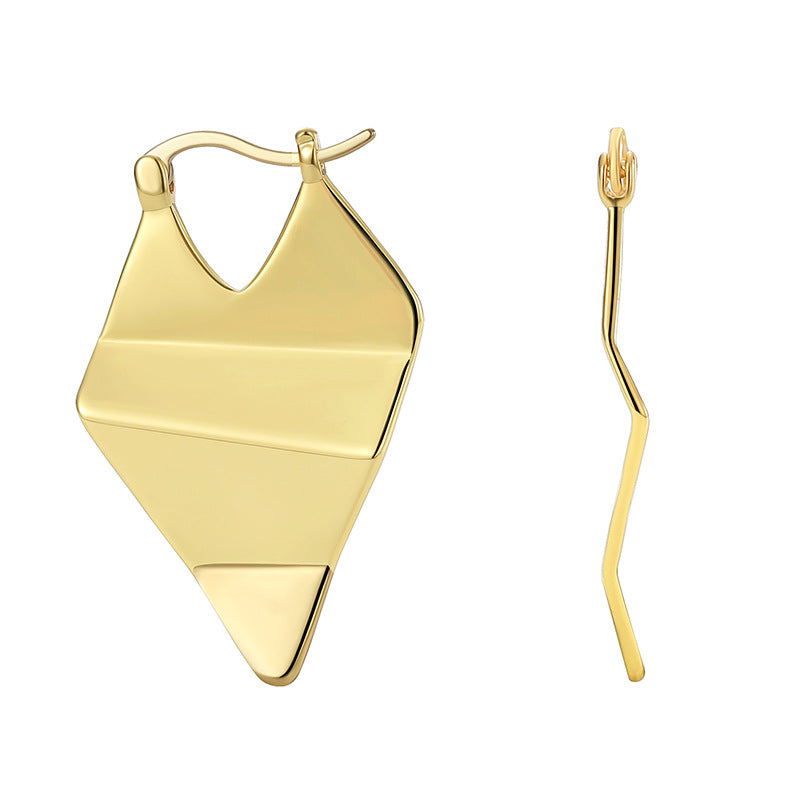 polished folded geometric brass drop earring on white