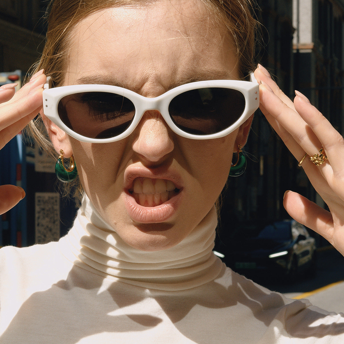 Resin Drop Stainless Steel Hoop Earrings in Three Colors — styled view