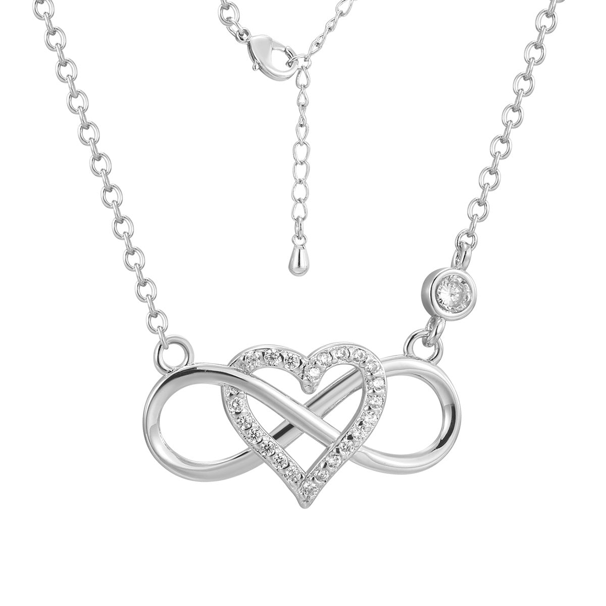 silver finish infinity heart station necklace with clasp and extension chain