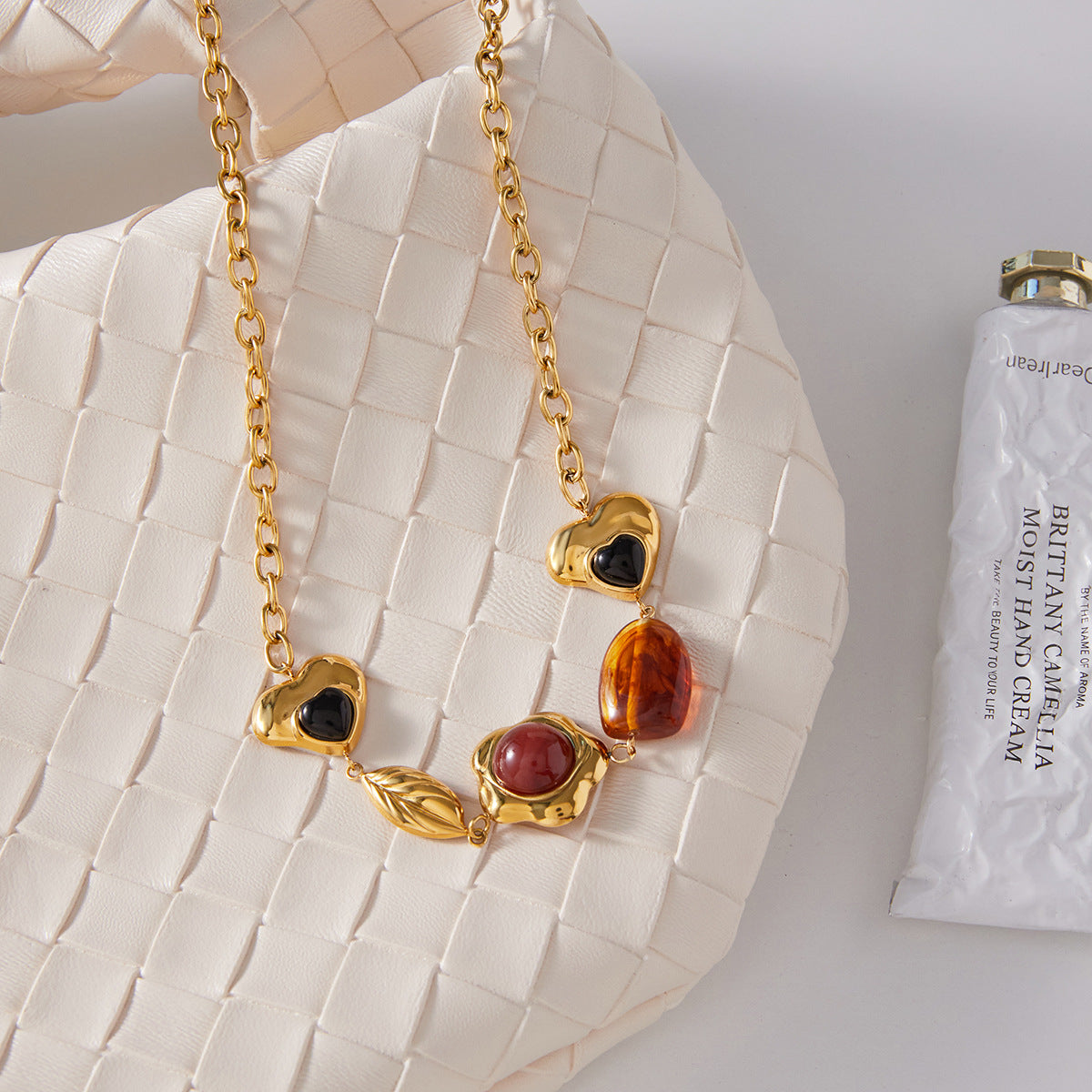 Wholesale Gold-Tone Stainless Steel Multicolor Resin Charm Necklace Collection - side profile