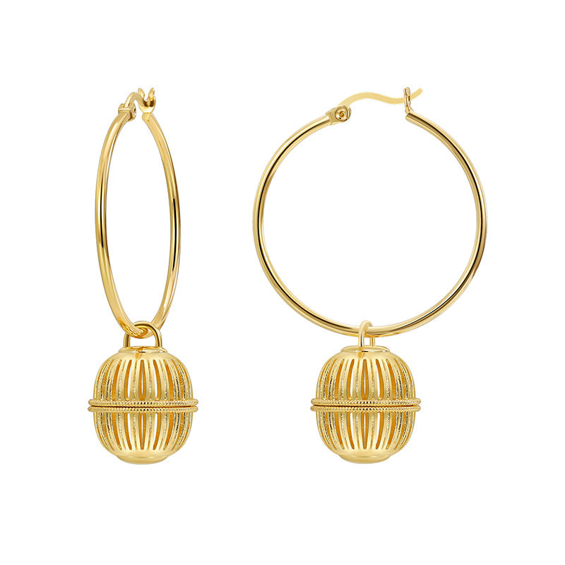 front and side product views of gold plated lantern-like charm hoops