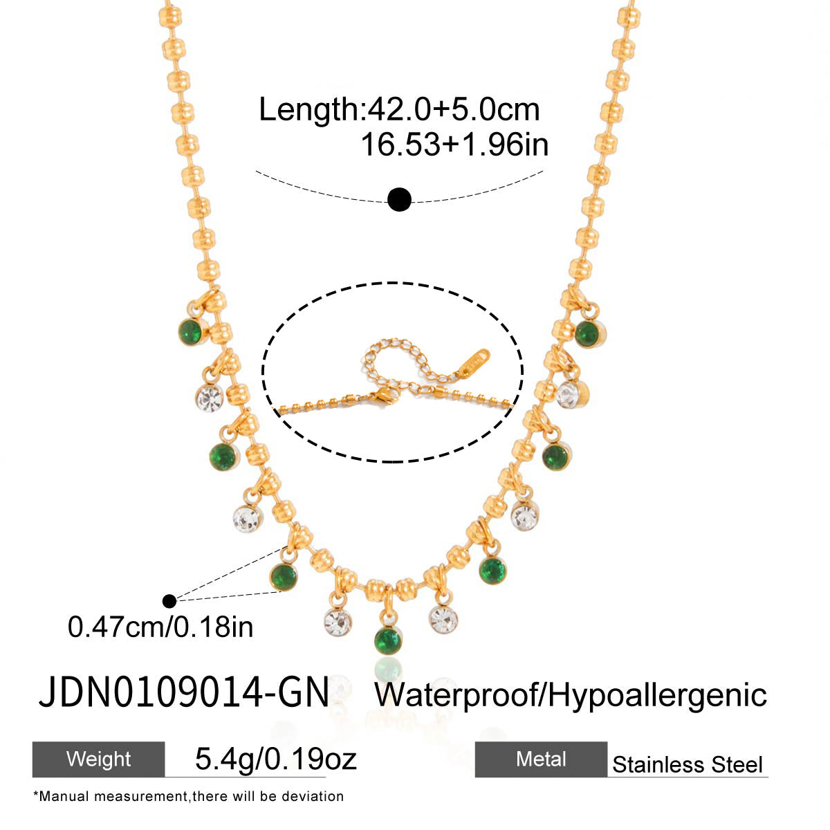 Green and clear fringe necklace measurements