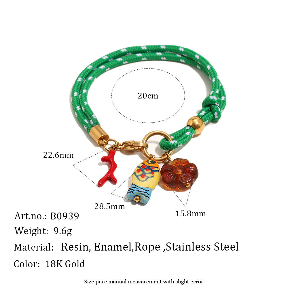 Green cord bracelet with yellow fish and brown flower size chart