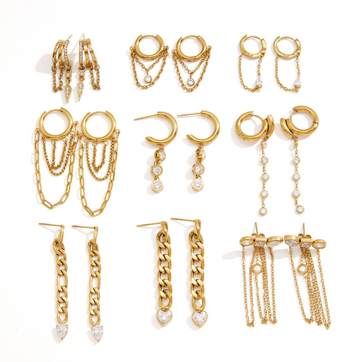 Nine stainless steel chain and drop earring designs on white