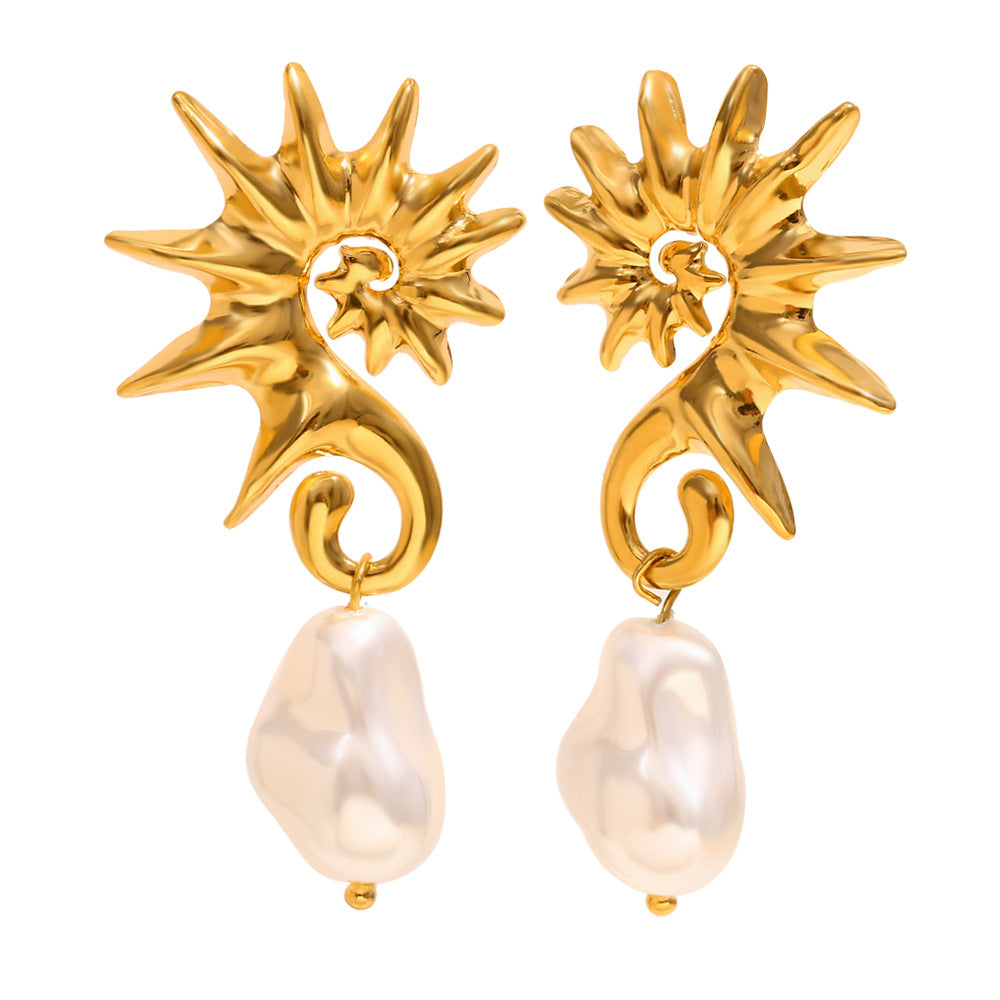 isolated front view of gold plated seahorse pearl earrings