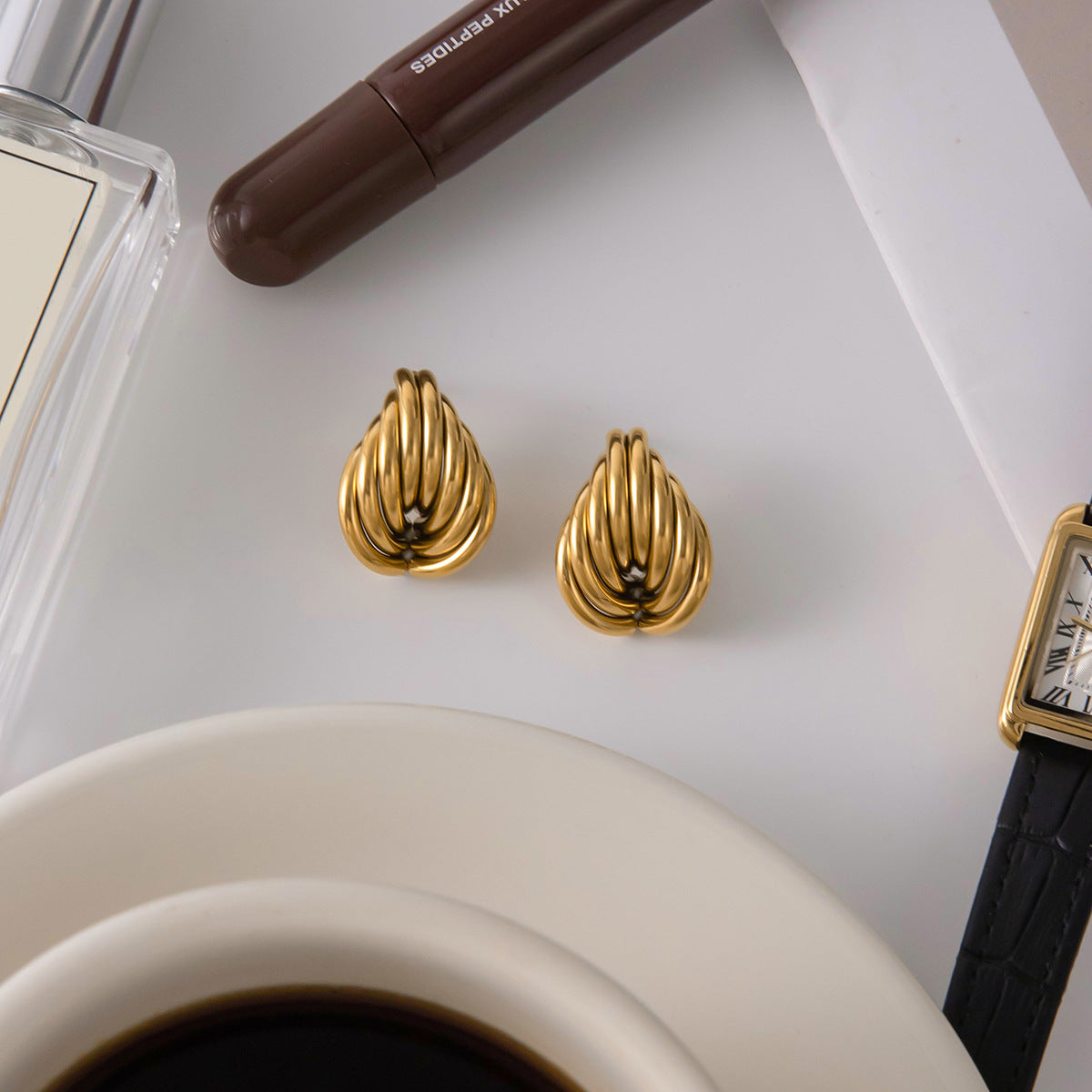 Wholesale Gold-Tone Stainless Steel Ribbed Teardrop Stud Earrings - side profile