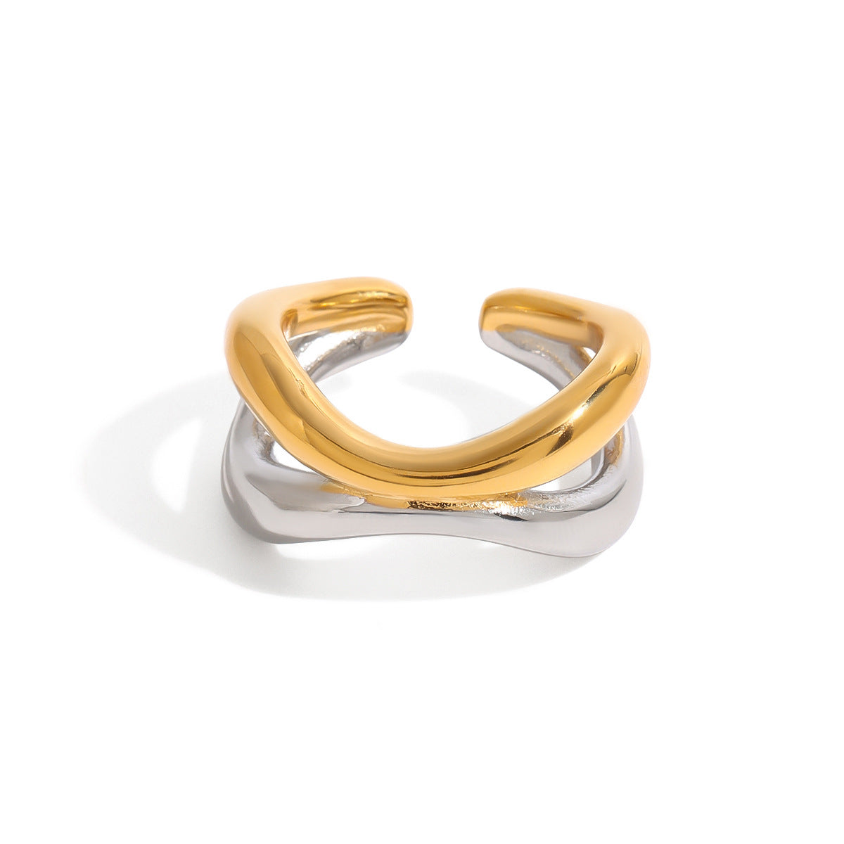 Two-Tone Stainless Steel Sculptural Double-Band Open Ring — alternate angle