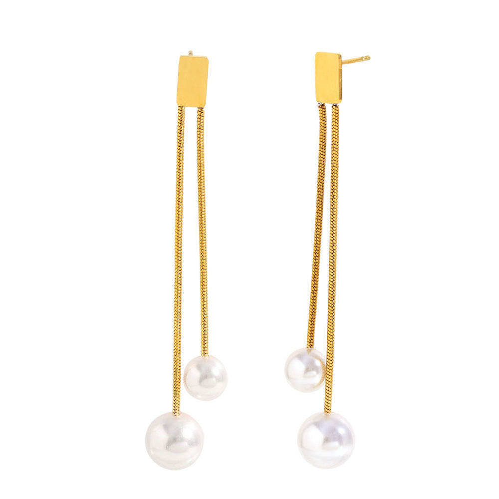 isolated front view of gold plated double-chain pearl earrings