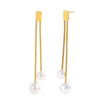 isolated front view of gold plated double-chain pearl earrings