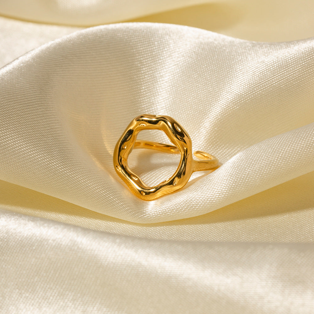Gold Plated Stainless Steel Sculptural Circle Double-Band Open Ring — front view