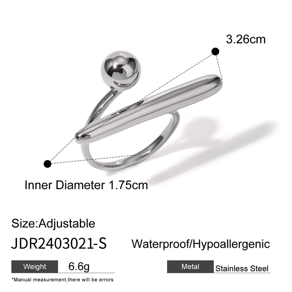 Ball-ended sculptural stainless steel ring dimensions