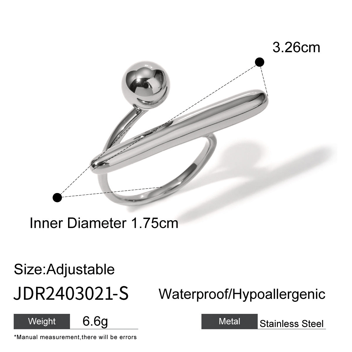 Ball-ended sculptural stainless steel ring dimensions