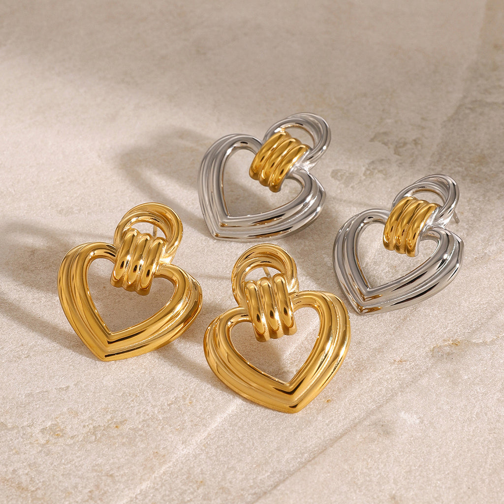 Mixed-Finish Open Heart Stainless Steel Drop Earrings — wholesale view 1